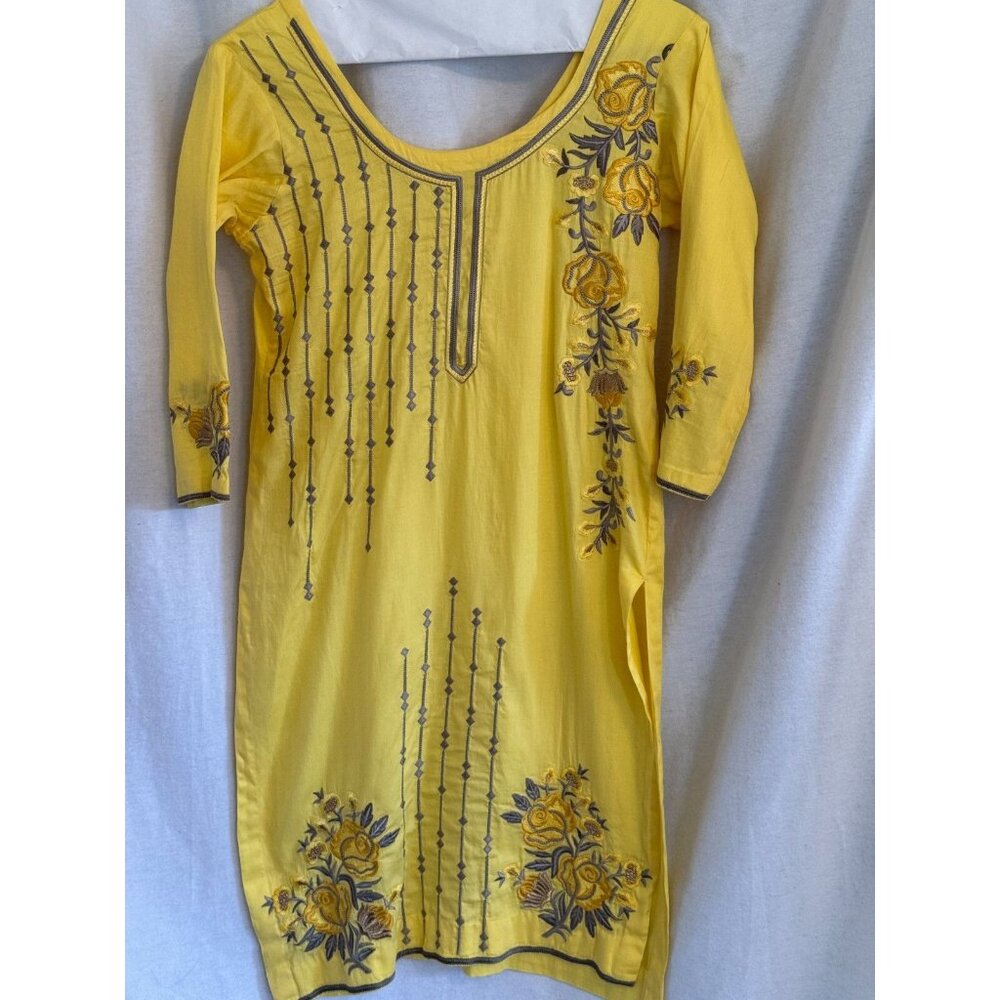 Yellow Embroidered Indian / Pakistani Kurta Tunic Blouse Bollywood L, SZ 10
